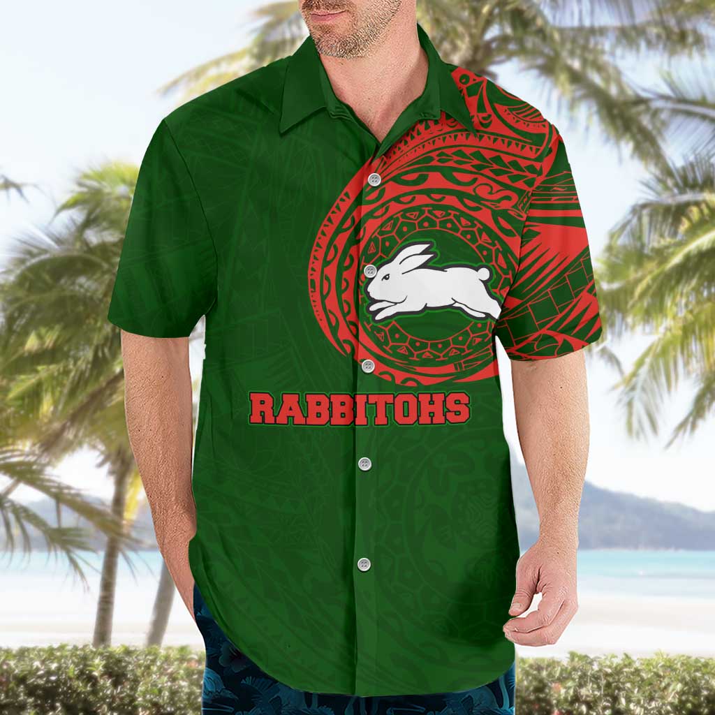 Personalized South Sydney Rabbitohs Hawaiian Shirt Polynesian Tribal Chest and Sleeve Tattoo