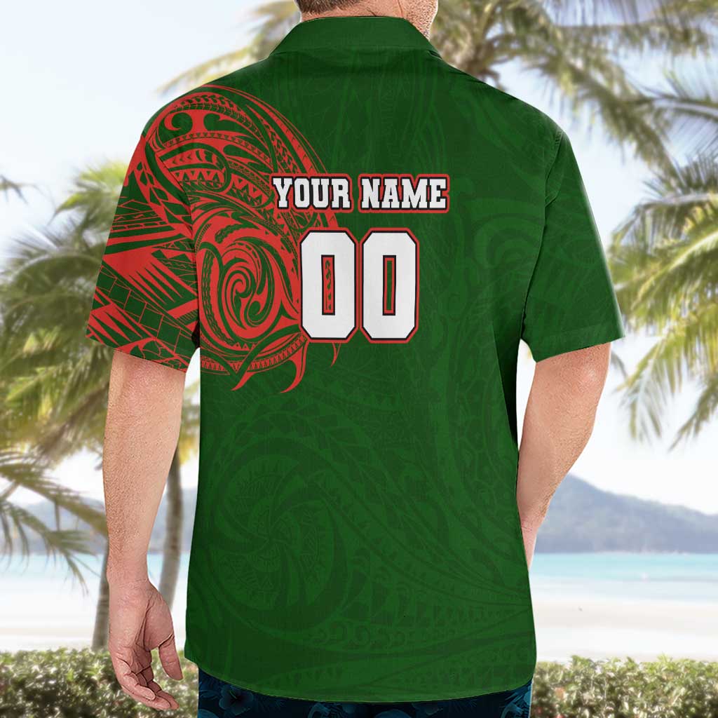 Personalized South Sydney Rabbitohs Hawaiian Shirt Polynesian Tribal Chest and Sleeve Tattoo