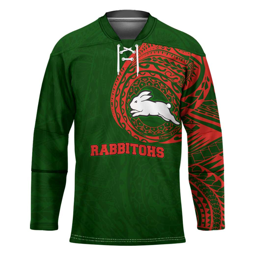Personalized South Sydney Rabbitohs Hockey Jersey Polynesian Tribal Chest and Sleeve Tattoo