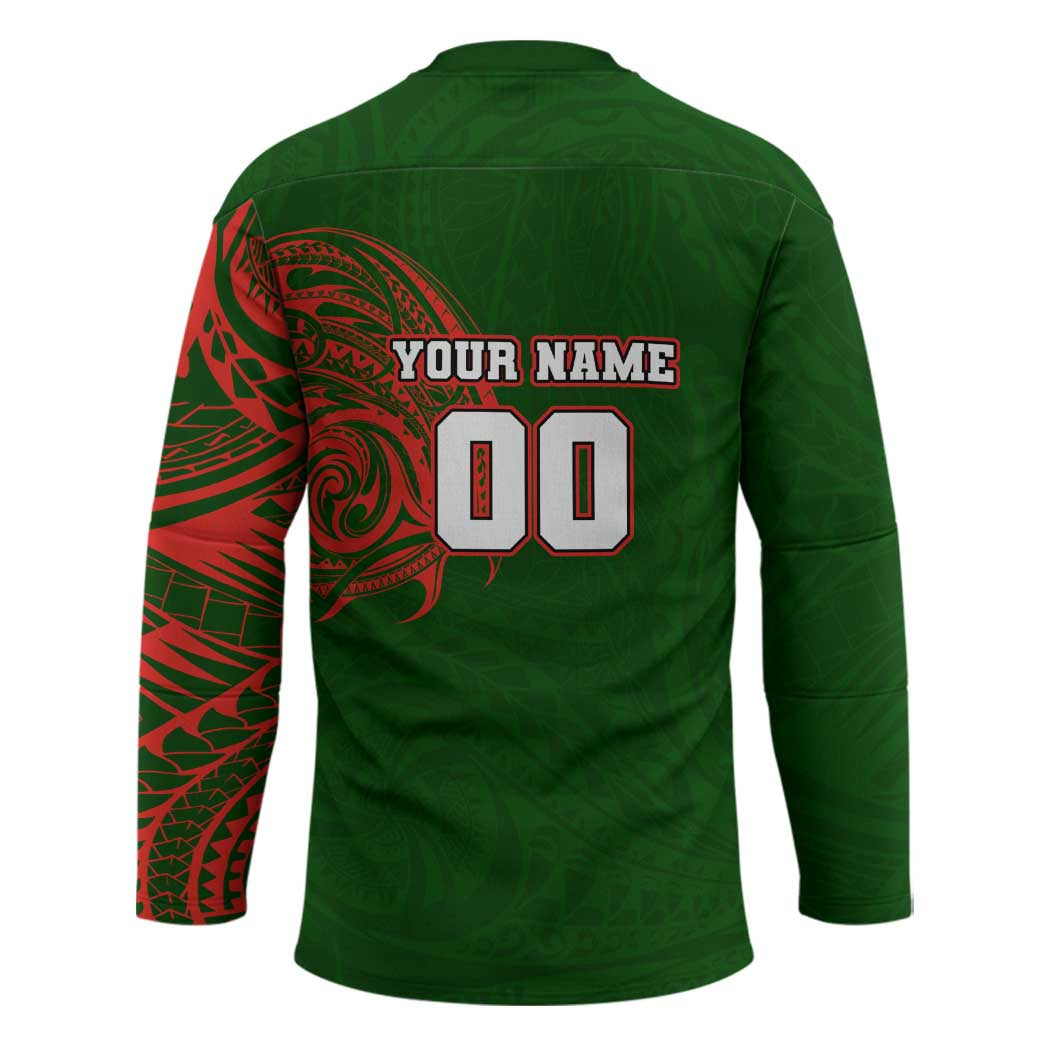 Personalized South Sydney Rabbitohs Hockey Jersey Polynesian Tribal Chest and Sleeve Tattoo
