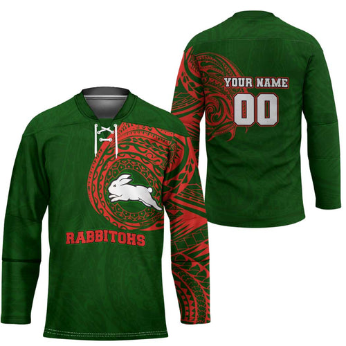 Personalized South Sydney Rabbitohs Hockey Jersey Polynesian Tribal Chest and Sleeve Tattoo