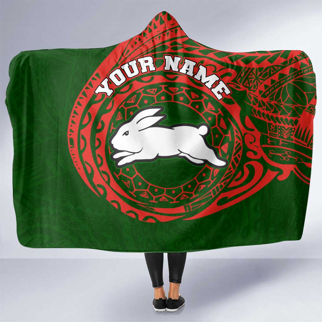 Personalized South Sydney Rabbitohs Hooded Blanket Polynesian Tribal Chest and Sleeve Tattoo