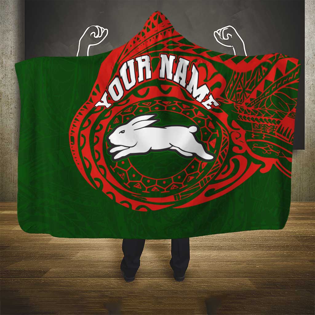 Personalized South Sydney Rabbitohs Hooded Blanket Polynesian Tribal Chest and Sleeve Tattoo