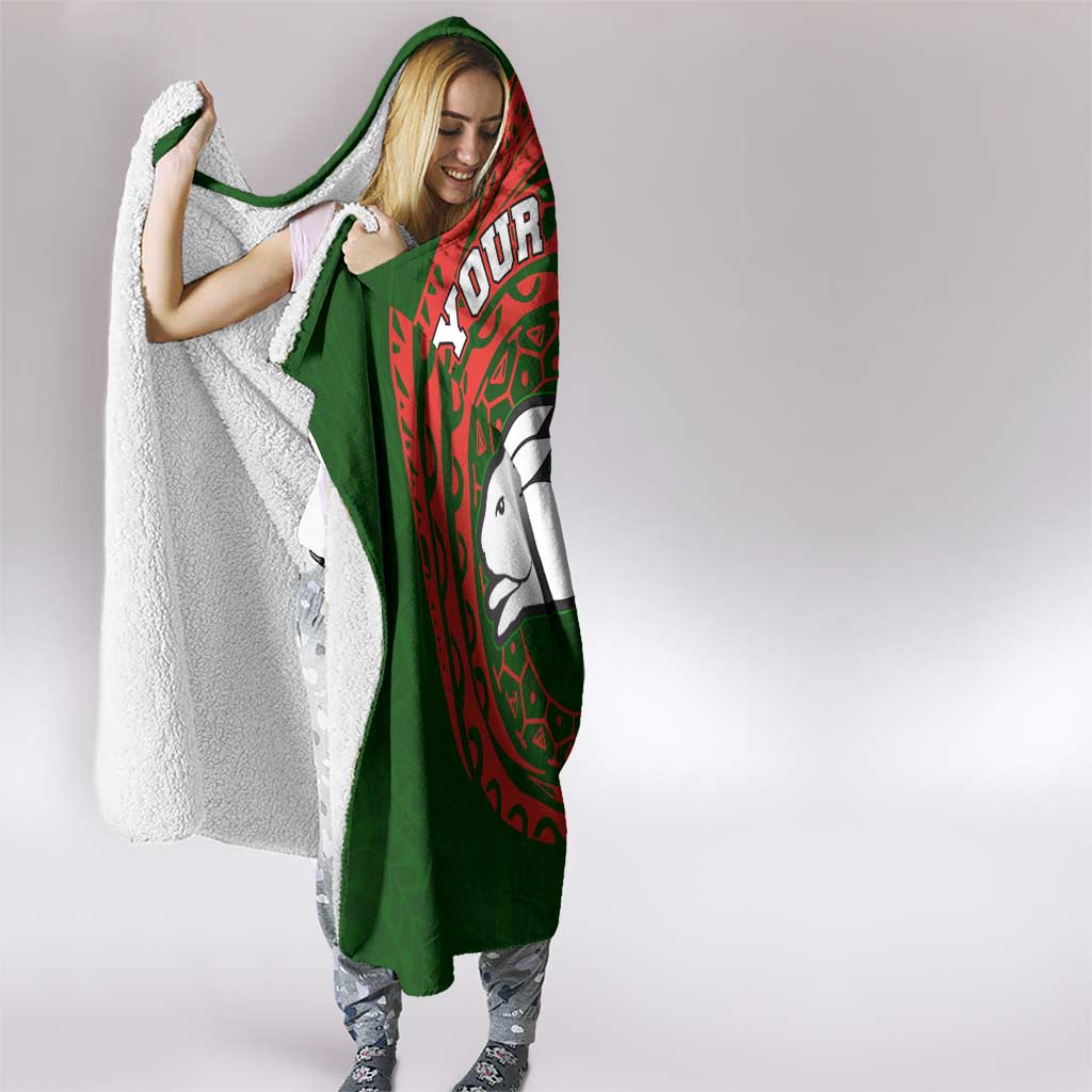 Personalized South Sydney Rabbitohs Hooded Blanket Polynesian Tribal Chest and Sleeve Tattoo