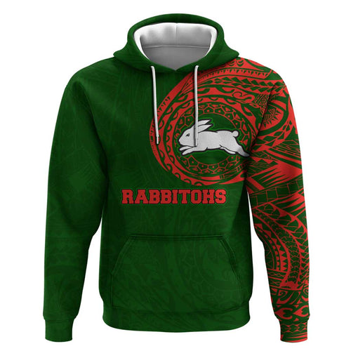 Personalized South Sydney Rabbitohs Hoodie Polynesian Tribal Chest and Sleeve Tattoo