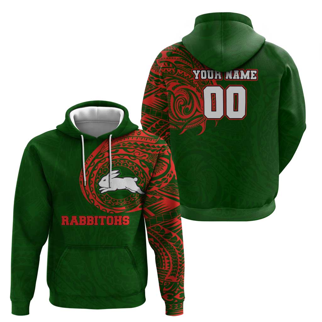 Personalized South Sydney Rabbitohs Hoodie Polynesian Tribal Chest and Sleeve Tattoo