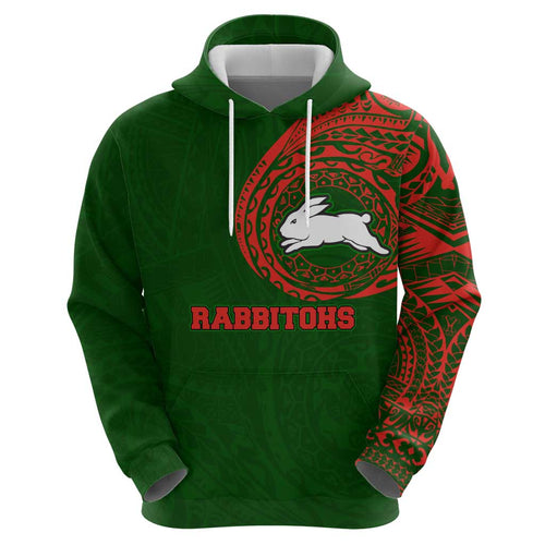 Personalized South Sydney Rabbitohs Hoodie Polynesian Tribal Chest and Sleeve Tattoo