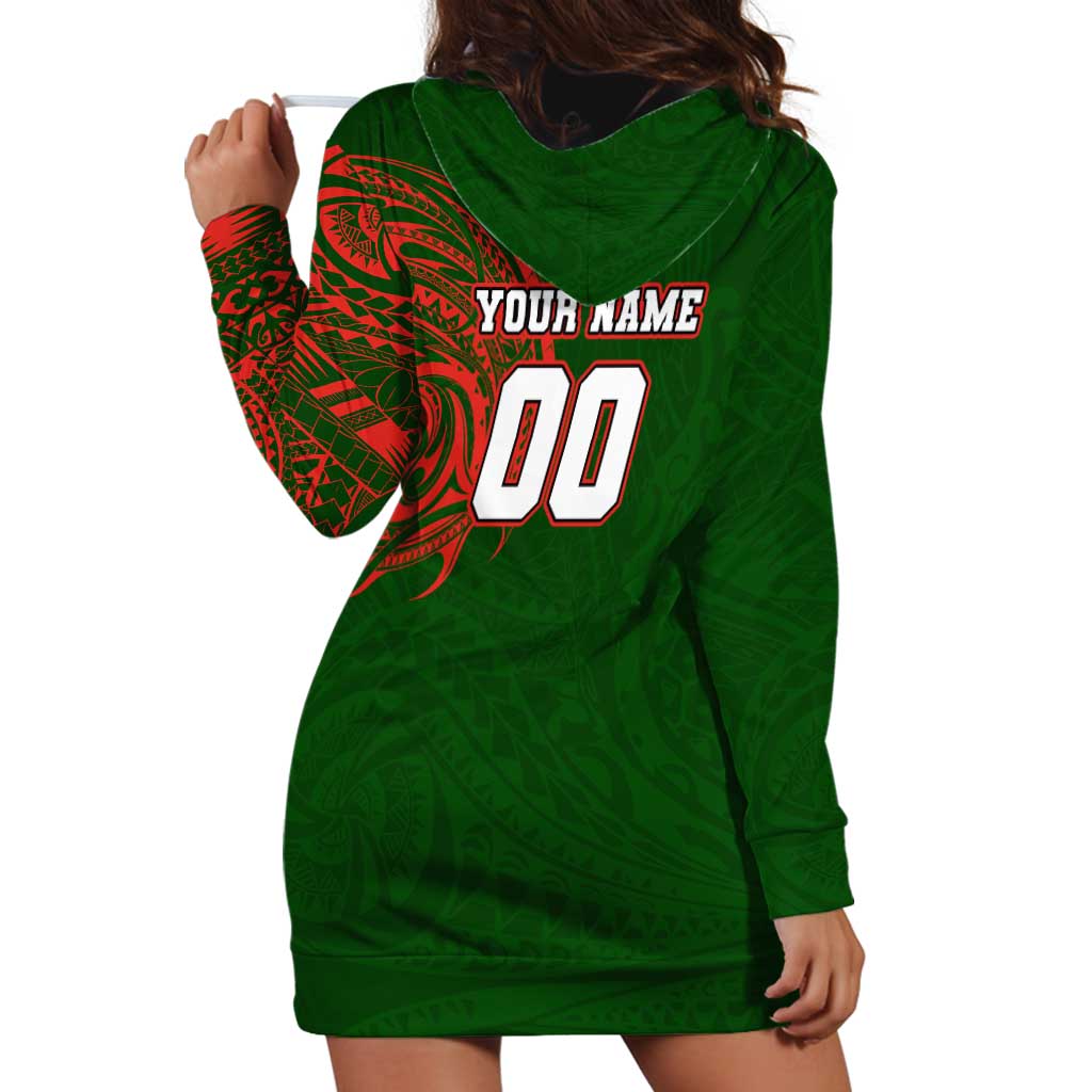 Personalized South Sydney Rabbitohs Hoodie Dress Polynesian Tribal Chest and Sleeve Tattoo