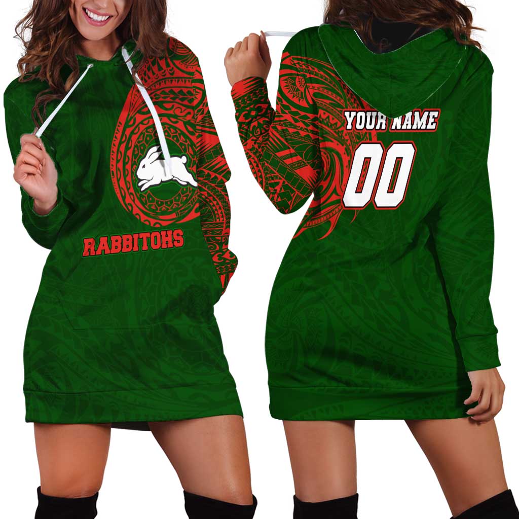 Personalized South Sydney Rabbitohs Hoodie Dress Polynesian Tribal Chest and Sleeve Tattoo