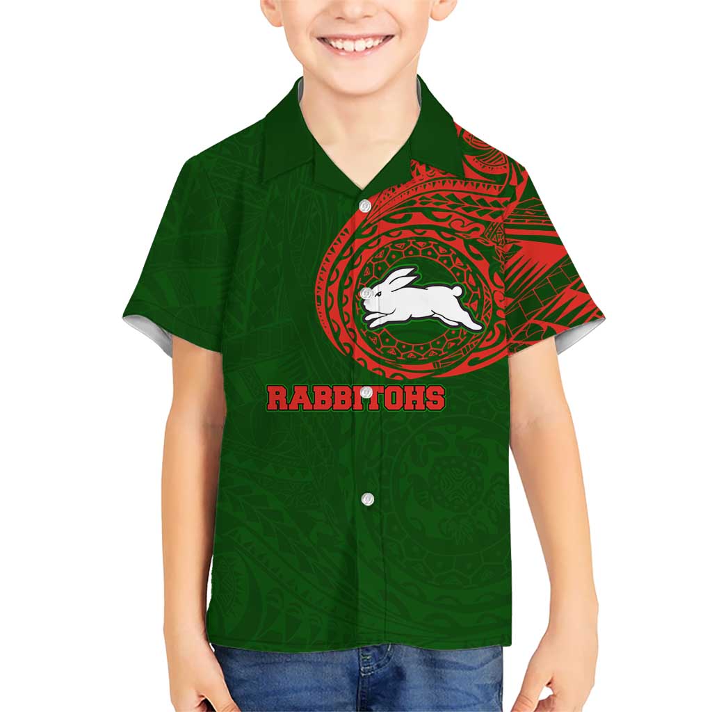 Personalized South Sydney Rabbitohs Kid Hawaiian Shirt Polynesian Tribal Chest and Sleeve Tattoo