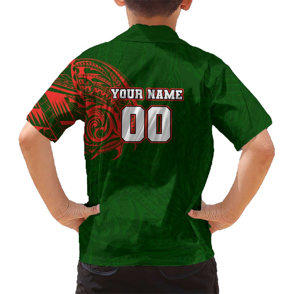 Personalized South Sydney Rabbitohs Kid Hawaiian Shirt Polynesian Tribal Chest and Sleeve Tattoo