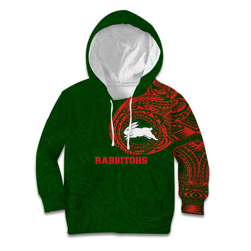 Personalized South Sydney Rabbitohs Kid Hoodie Polynesian Tribal Chest and Sleeve Tattoo