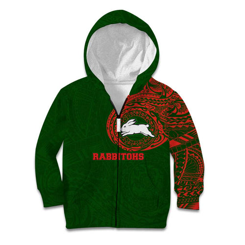 Personalized South Sydney Rabbitohs Kid Hoodie Polynesian Tribal Chest and Sleeve Tattoo