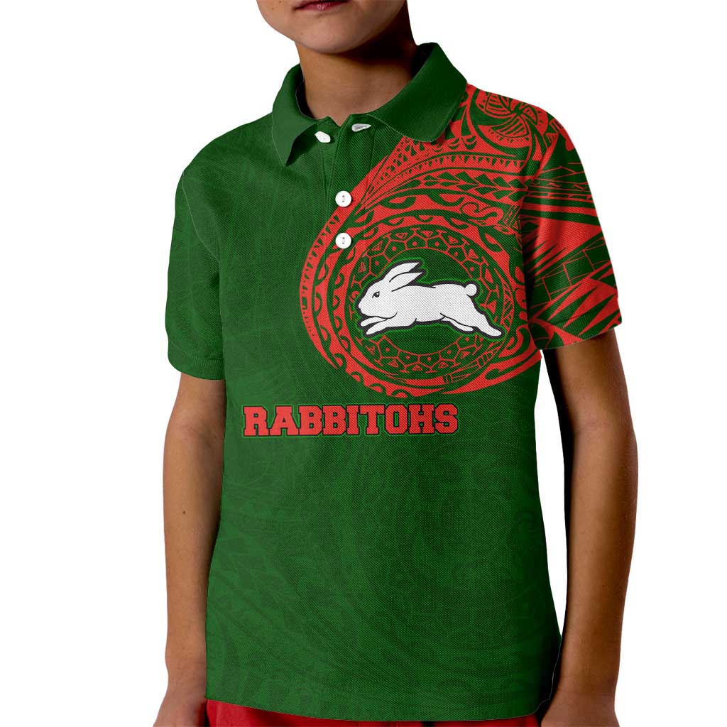 Personalized South Sydney Rabbitohs Kid Polo Shirt Polynesian Tribal Chest and Sleeve Tattoo