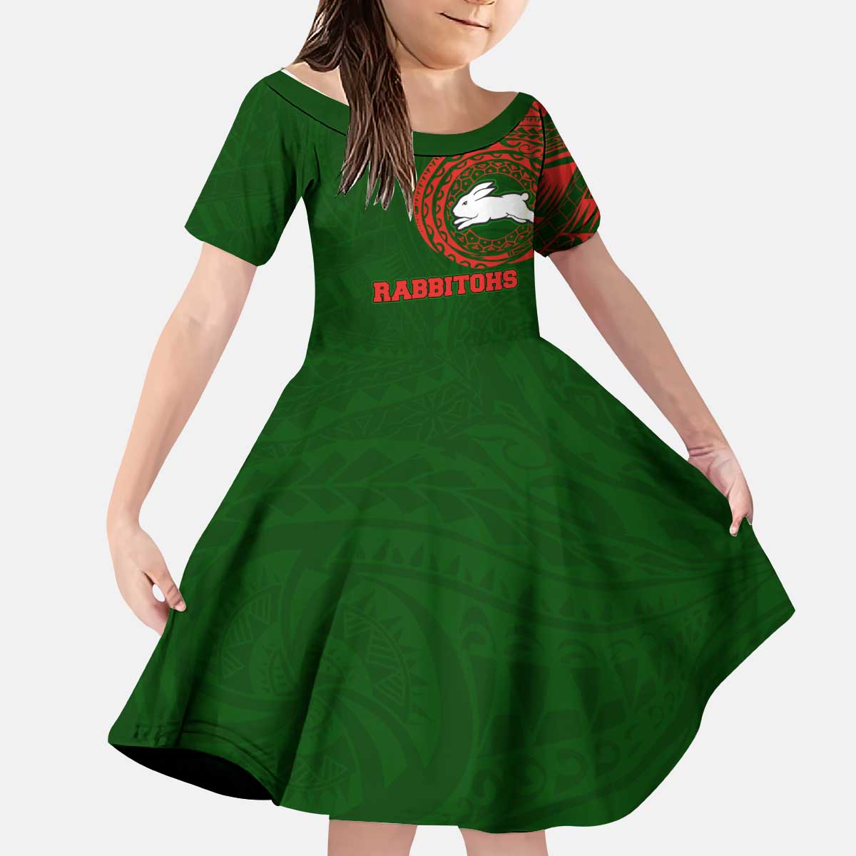 Personalized South Sydney Rabbitohs Kid Short Sleeve Dress Polynesian Tribal Chest and Sleeve Tattoo