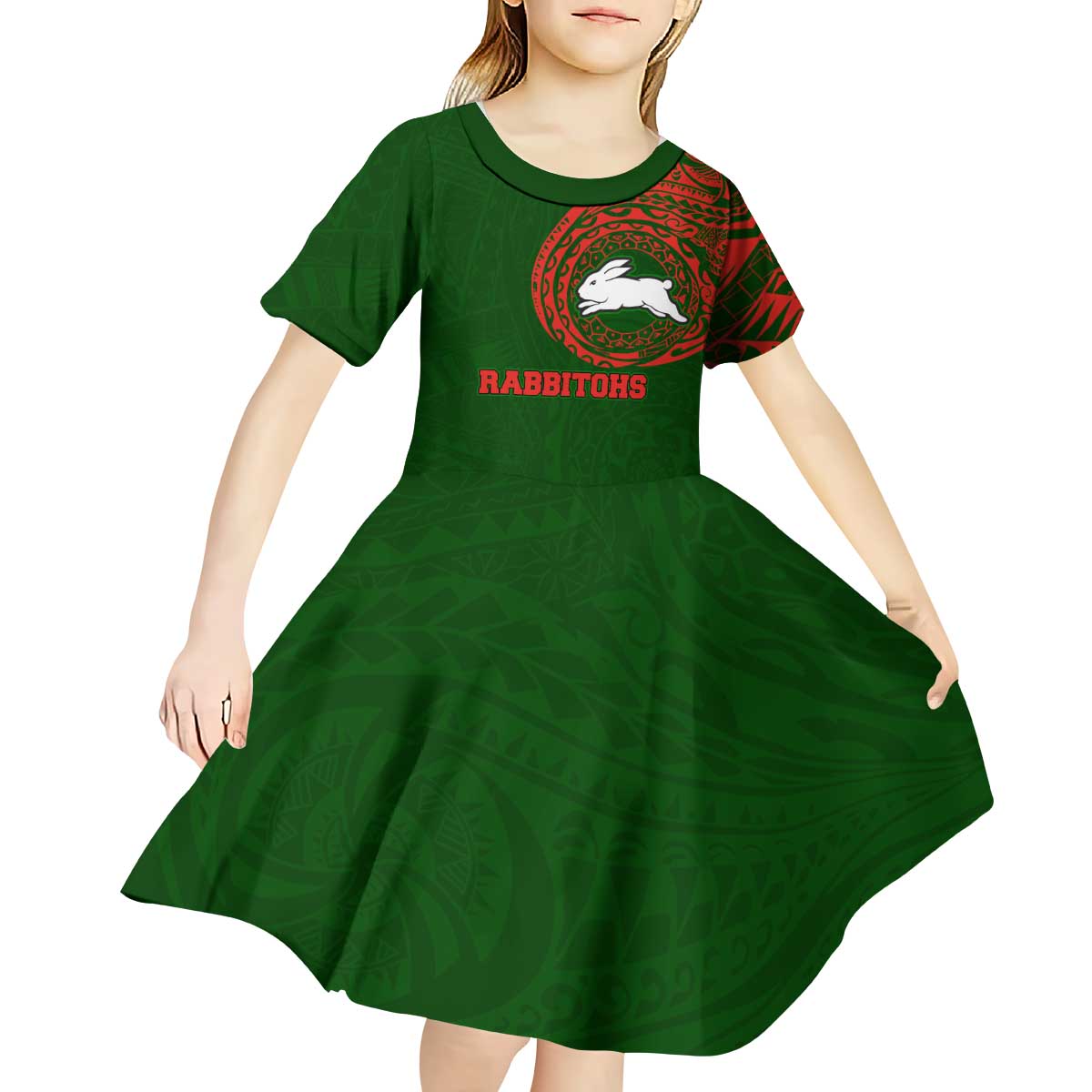 Personalized South Sydney Rabbitohs Kid Short Sleeve Dress Polynesian Tribal Chest and Sleeve Tattoo