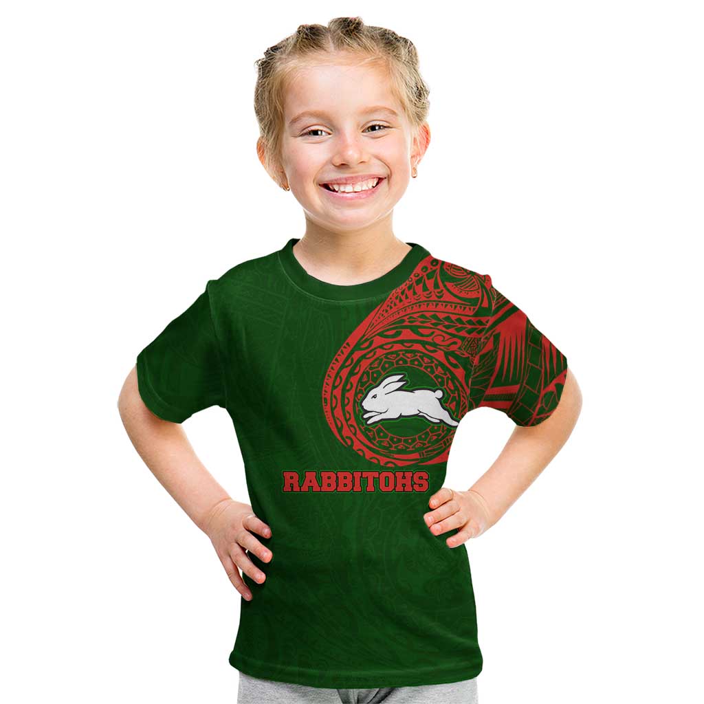 Personalized South Sydney Rabbitohs Kid T Shirt Polynesian Tribal Chest and Sleeve Tattoo
