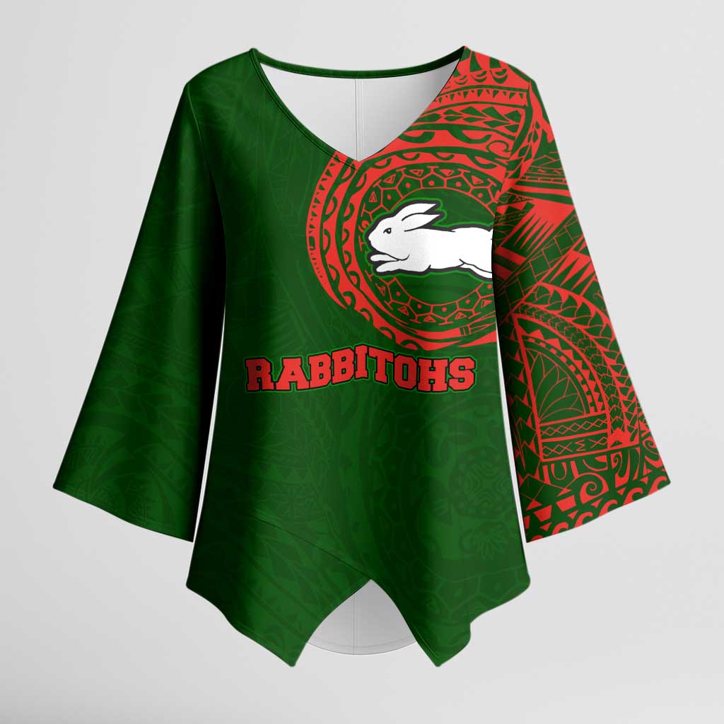 Personalized South Sydney Rabbitohs Kimono Sleeve Blouse Polynesian Tribal Chest and Sleeve Tattoo