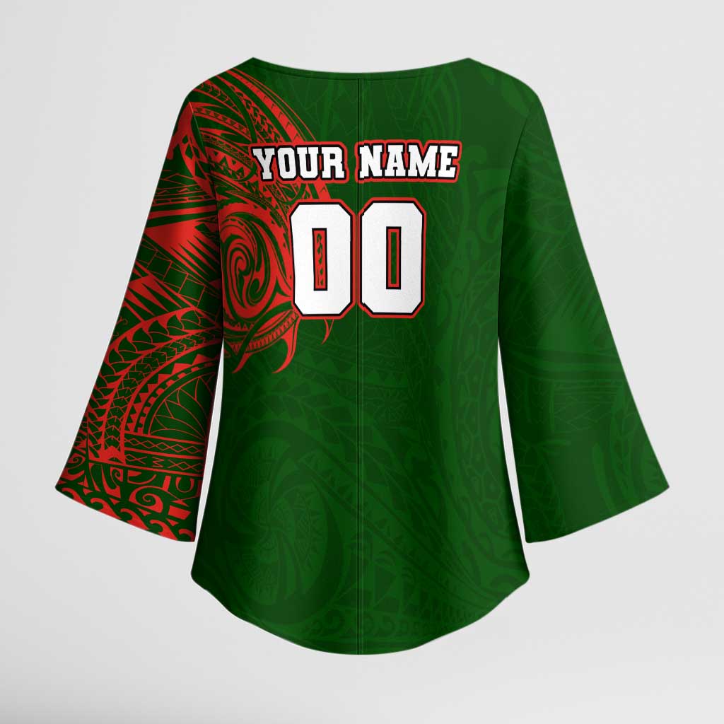 Personalized South Sydney Rabbitohs Kimono Sleeve Blouse Polynesian Tribal Chest and Sleeve Tattoo