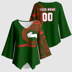 Personalized South Sydney Rabbitohs Kimono Sleeve Blouse Polynesian Tribal Chest and Sleeve Tattoo