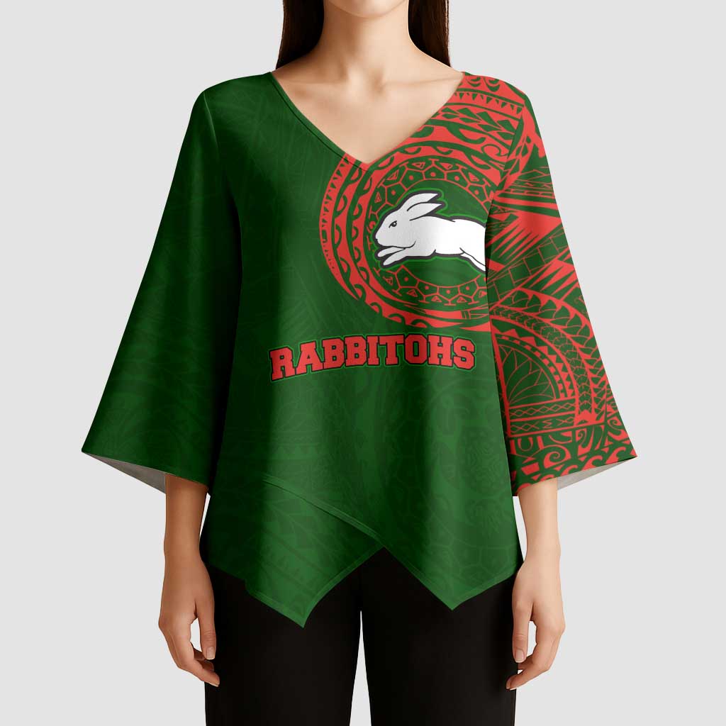 Personalized South Sydney Rabbitohs Kimono Sleeve Blouse Polynesian Tribal Chest and Sleeve Tattoo