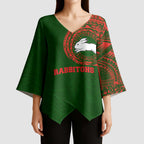 Personalized South Sydney Rabbitohs Kimono Sleeve Blouse Polynesian Tribal Chest and Sleeve Tattoo