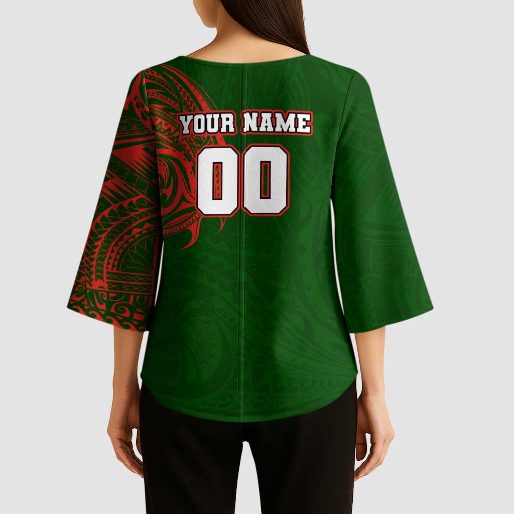 Personalized South Sydney Rabbitohs Kimono Sleeve Blouse Polynesian Tribal Chest and Sleeve Tattoo