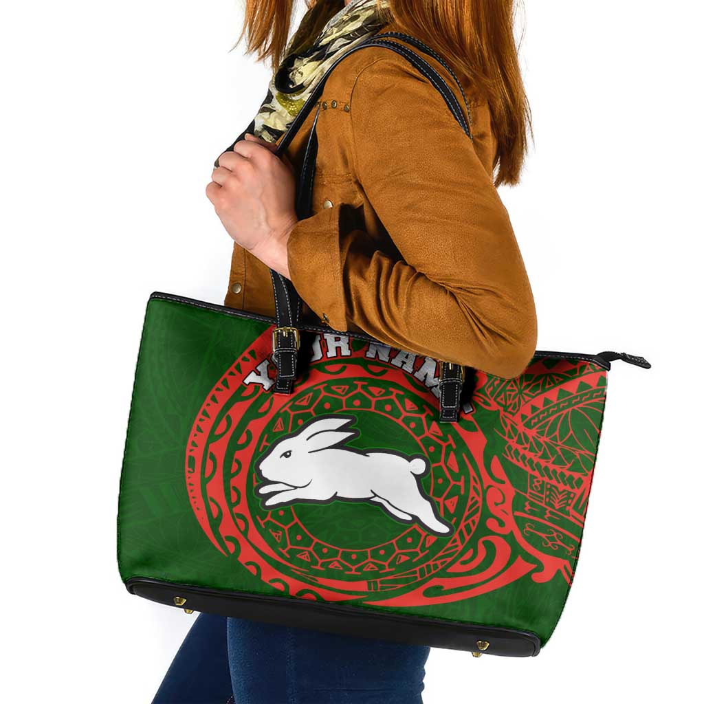 Personalized South Sydney Rabbitohs Leather Tote Bag Polynesian Tribal Chest and Sleeve Tattoo