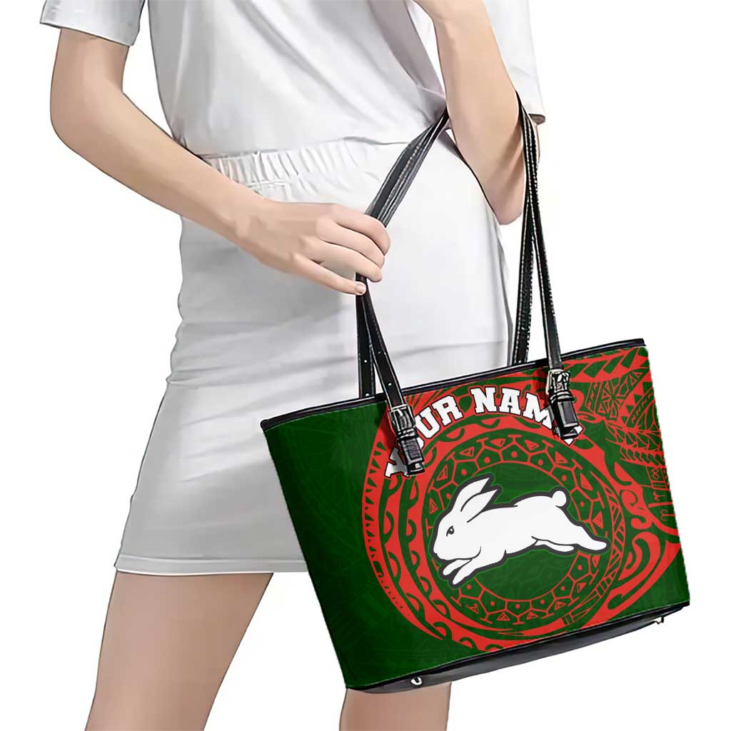 Personalized South Sydney Rabbitohs Leather Tote Bag Polynesian Tribal Chest and Sleeve Tattoo