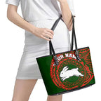 Personalized South Sydney Rabbitohs Leather Tote Bag Polynesian Tribal Chest and Sleeve Tattoo