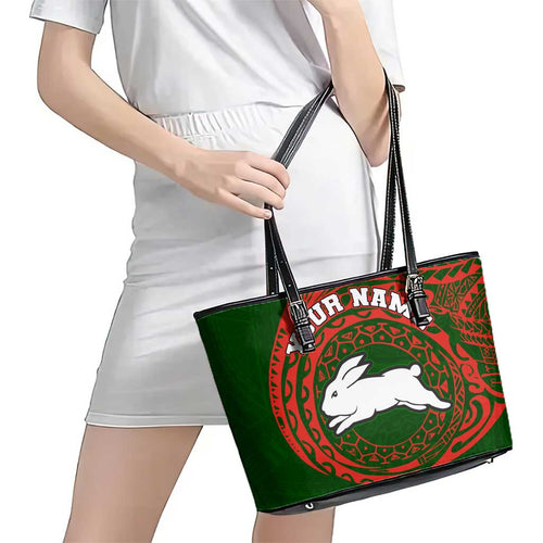 Personalized South Sydney Rabbitohs Leather Tote Bag Polynesian Tribal Chest and Sleeve Tattoo