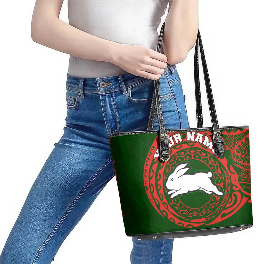 Personalized South Sydney Rabbitohs Leather Tote Bag Polynesian Tribal Chest and Sleeve Tattoo