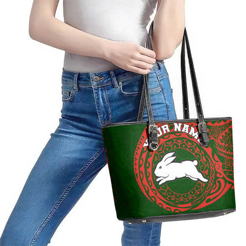 Personalized South Sydney Rabbitohs Leather Tote Bag Polynesian Tribal Chest and Sleeve Tattoo