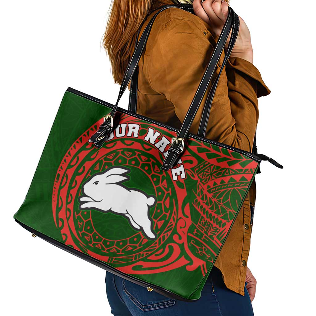 Personalized South Sydney Rabbitohs Leather Tote Bag Polynesian Tribal Chest and Sleeve Tattoo