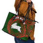 Personalized South Sydney Rabbitohs Leather Tote Bag Polynesian Tribal Chest and Sleeve Tattoo