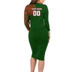Personalized South Sydney Rabbitohs Long Sleeve Bodycon Dress Polynesian Tribal Chest and Sleeve Tattoo