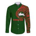 Personalized South Sydney Rabbitohs Long Sleeve Button Shirt Polynesian Tribal Chest and Sleeve Tattoo