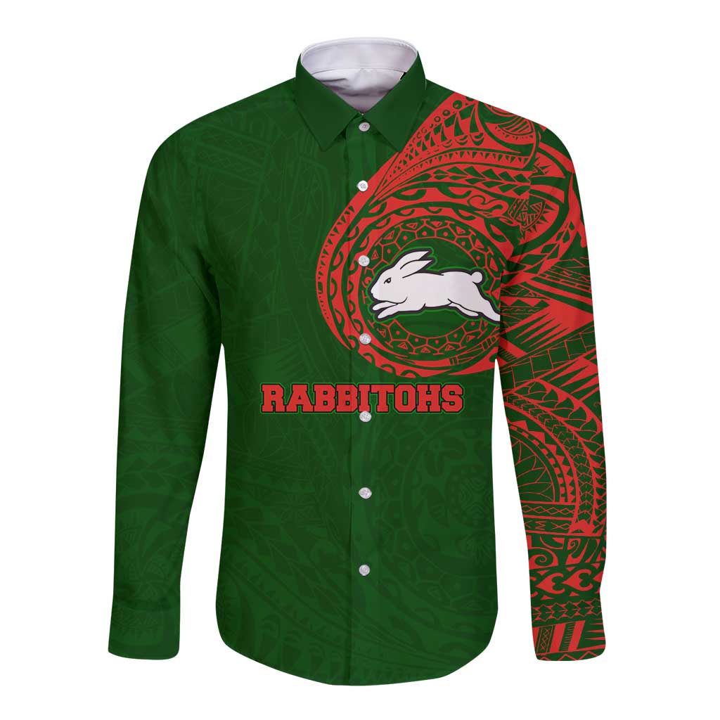 Personalized South Sydney Rabbitohs Long Sleeve Button Shirt Polynesian Tribal Chest and Sleeve Tattoo