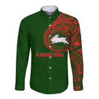 Personalized South Sydney Rabbitohs Long Sleeve Button Shirt Polynesian Tribal Chest and Sleeve Tattoo