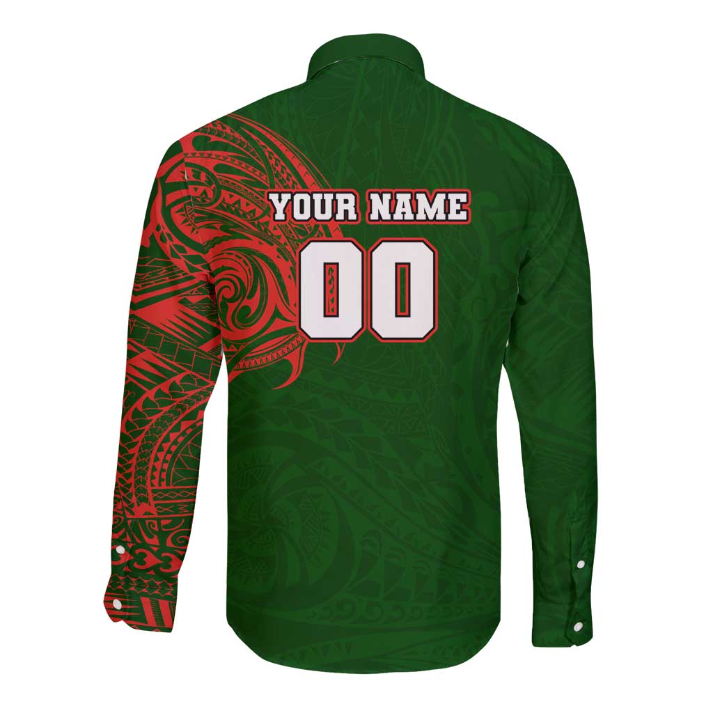 Personalized South Sydney Rabbitohs Long Sleeve Button Shirt Polynesian Tribal Chest and Sleeve Tattoo