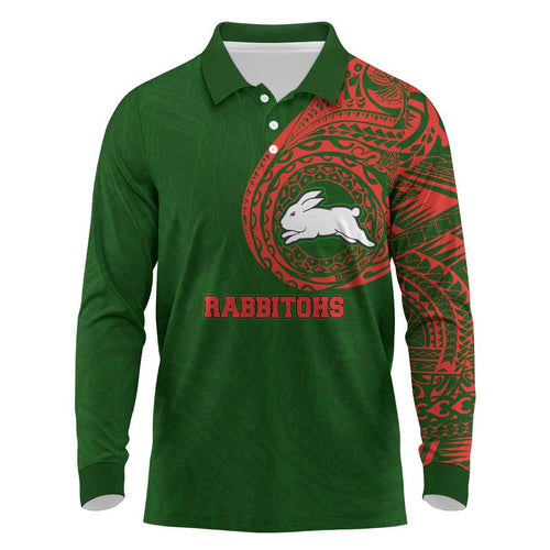 Personalized South Sydney Rabbitohs Long Sleeve Polo Shirt Polynesian Tribal Chest and Sleeve Tattoo