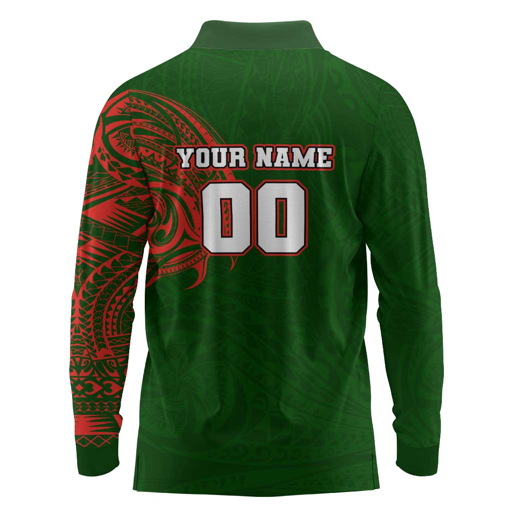 Personalized South Sydney Rabbitohs Long Sleeve Polo Shirt Polynesian Tribal Chest and Sleeve Tattoo
