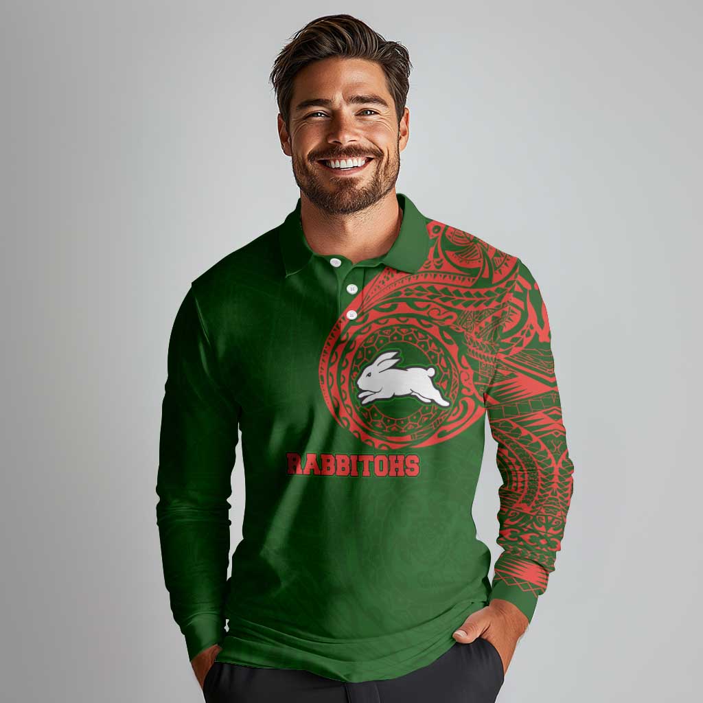 Personalized South Sydney Rabbitohs Long Sleeve Polo Shirt Polynesian Tribal Chest and Sleeve Tattoo