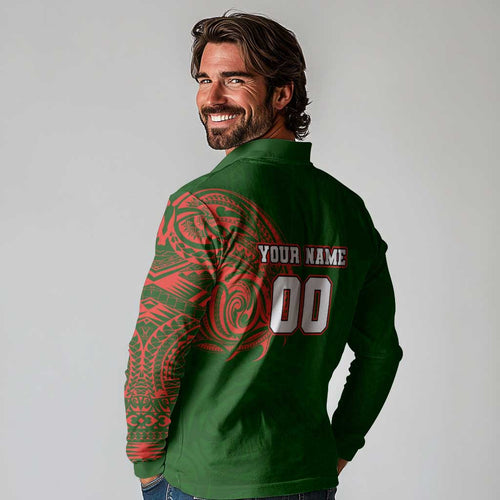 Personalized South Sydney Rabbitohs Long Sleeve Polo Shirt Polynesian Tribal Chest and Sleeve Tattoo