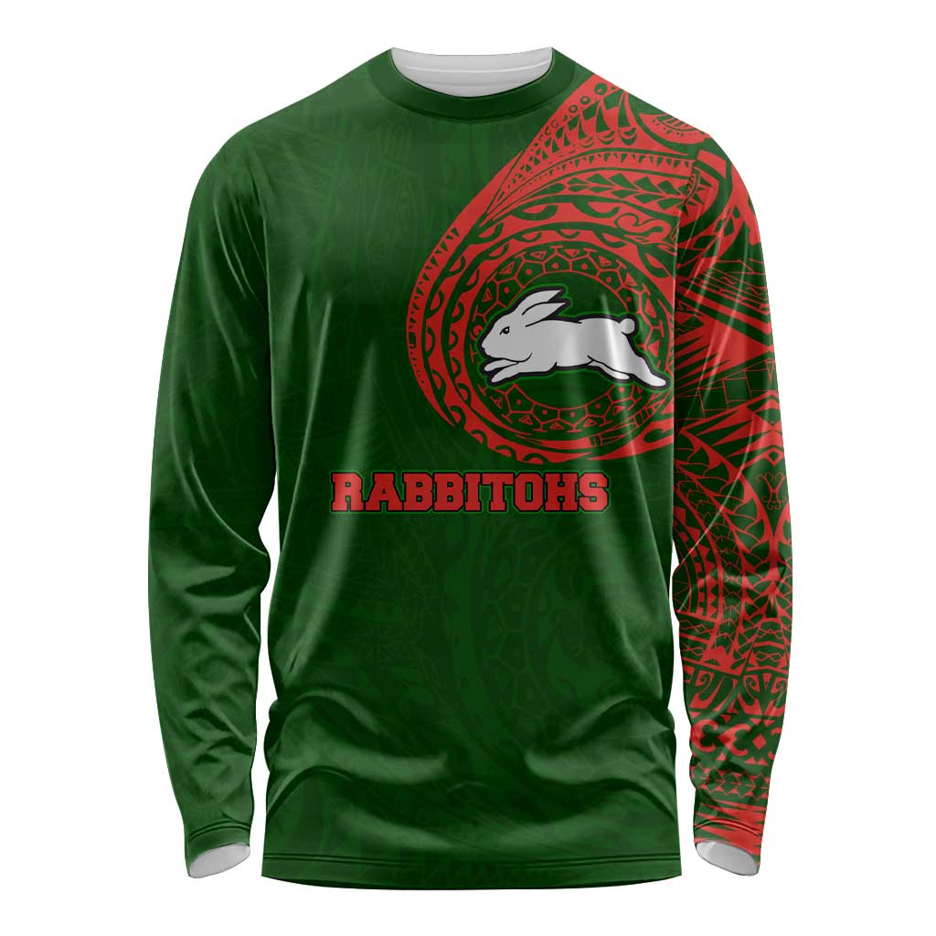 Personalized South Sydney Rabbitohs Long Sleeve Shirt Polynesian Tribal Chest and Sleeve Tattoo