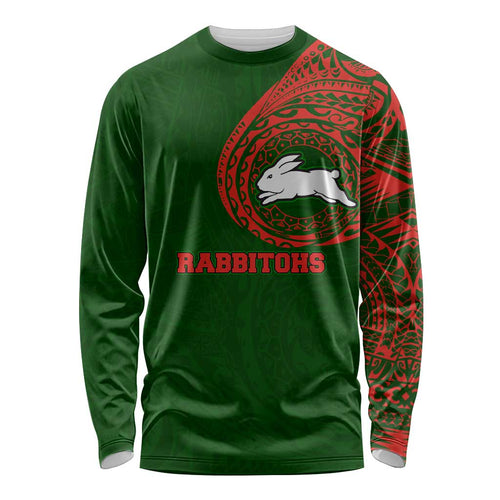 Personalized South Sydney Rabbitohs Long Sleeve Shirt Polynesian Tribal Chest and Sleeve Tattoo