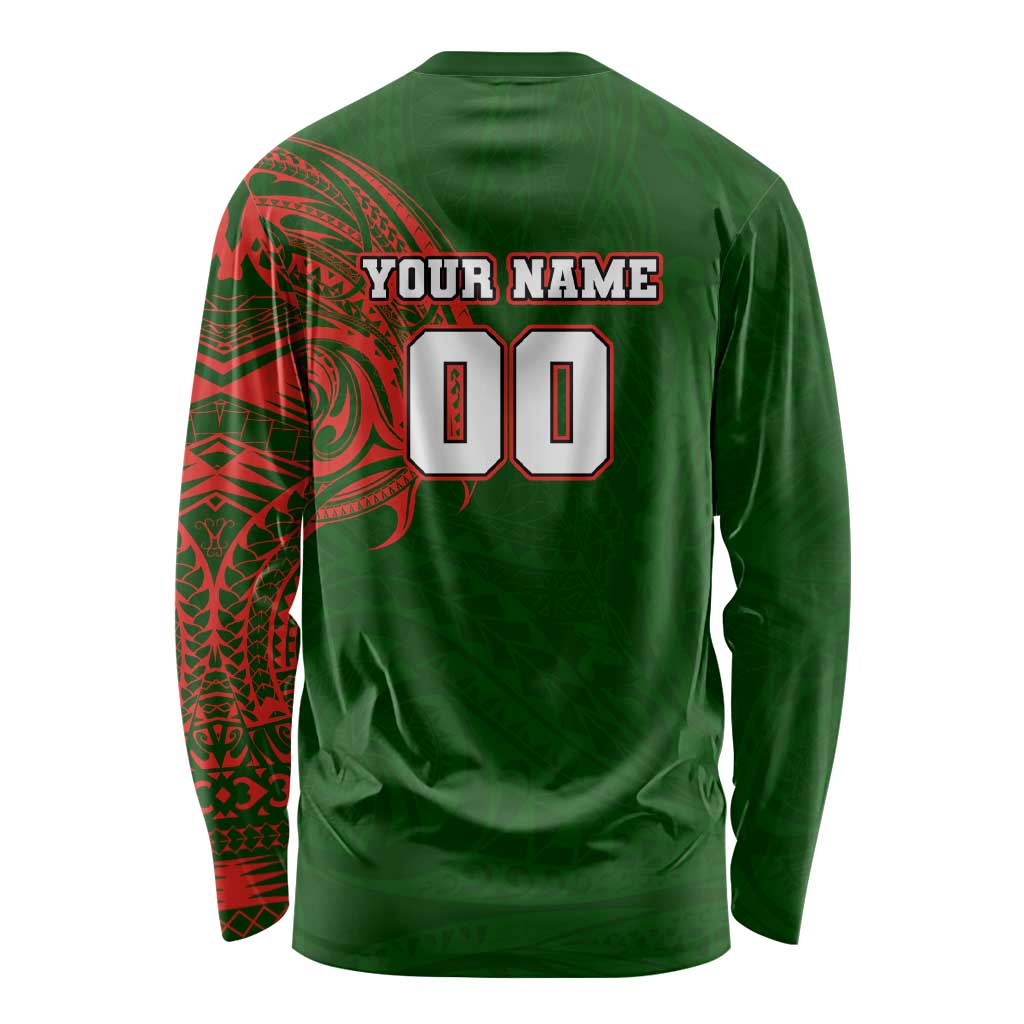 Personalized South Sydney Rabbitohs Long Sleeve Shirt Polynesian Tribal Chest and Sleeve Tattoo