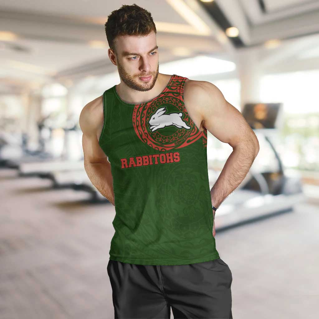 Personalized South Sydney Rabbitohs Men Tank Top Polynesian Tribal Chest and Sleeve Tattoo