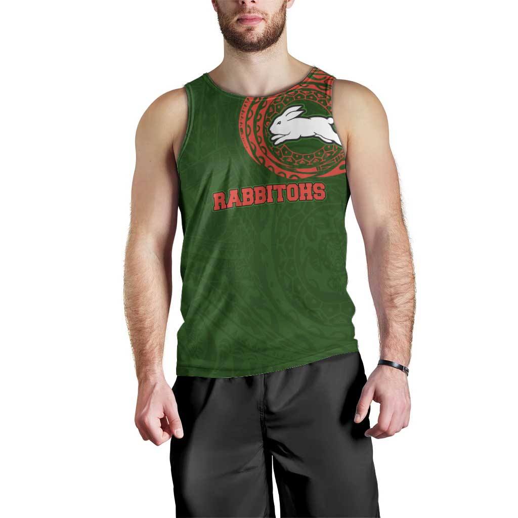 Personalized South Sydney Rabbitohs Men Tank Top Polynesian Tribal Chest and Sleeve Tattoo