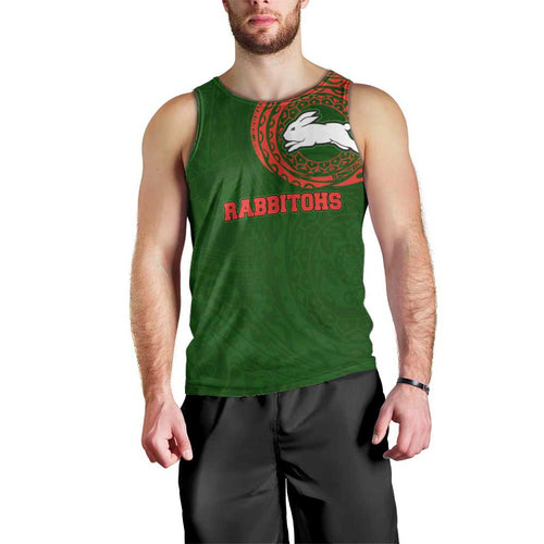 Personalized South Sydney Rabbitohs Men Tank Top Polynesian Tribal Chest and Sleeve Tattoo